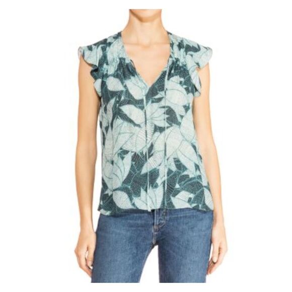 PARKER Womens Green Tie Pullover Printed Flutter Sleeve V Neck Top M - Picture 1 of 1